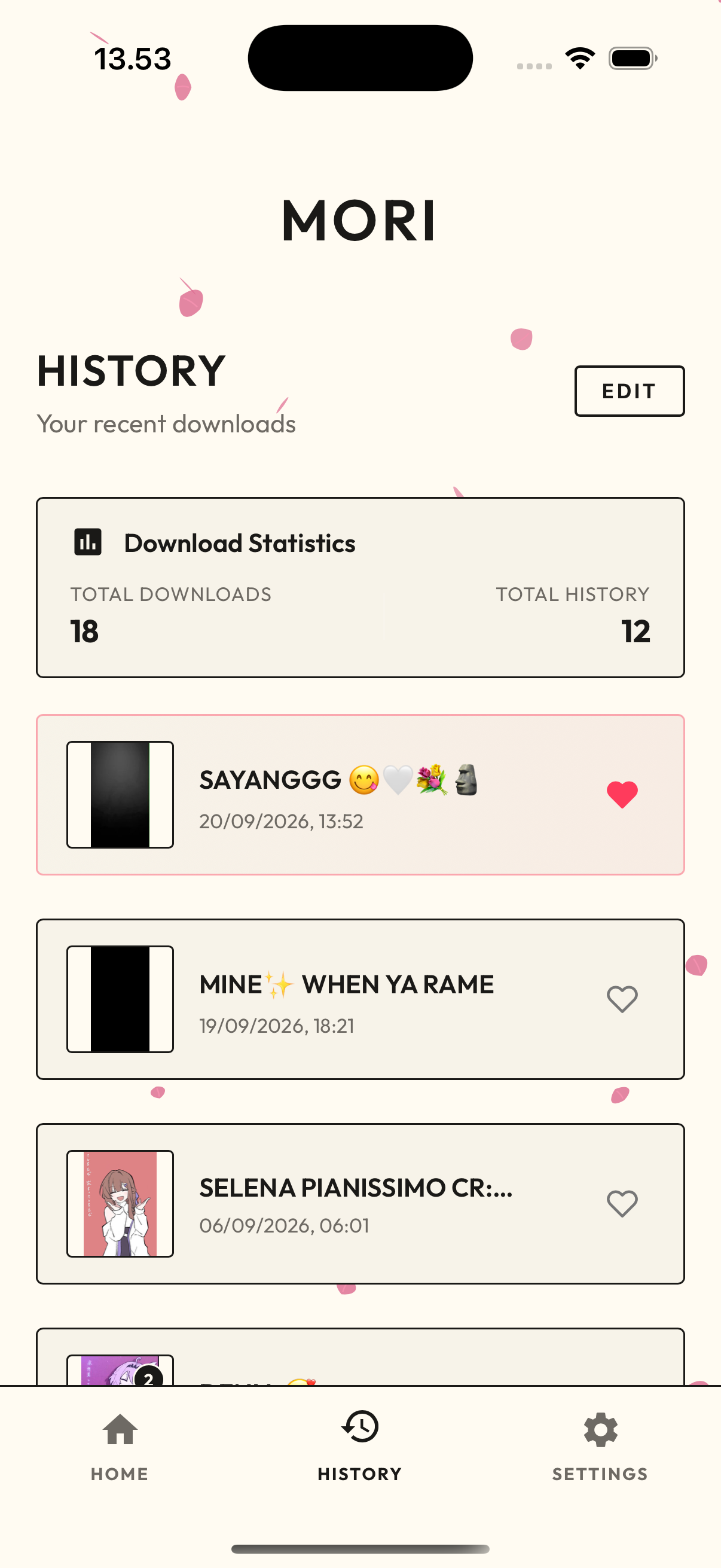 Mori download history list and statistics