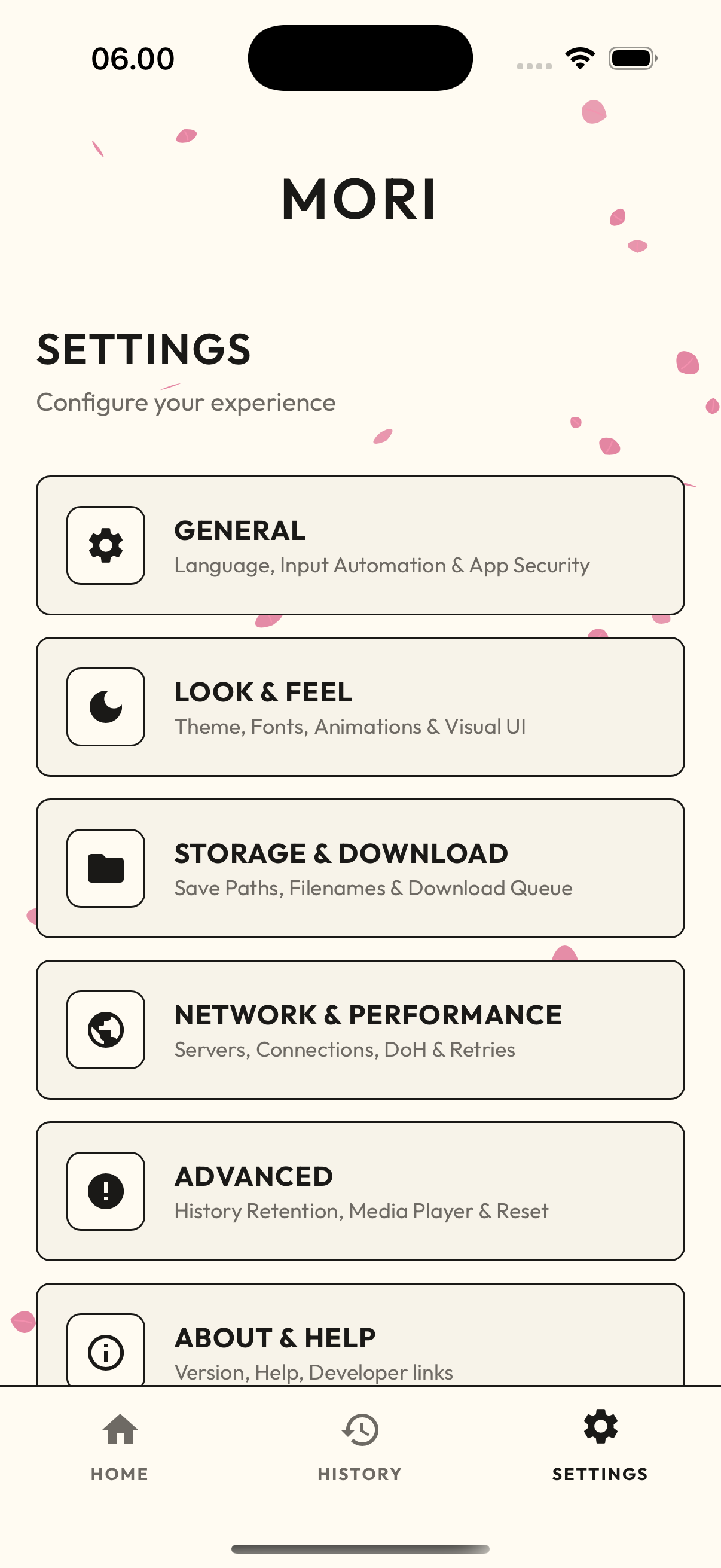 Mori app configuration and settings menu