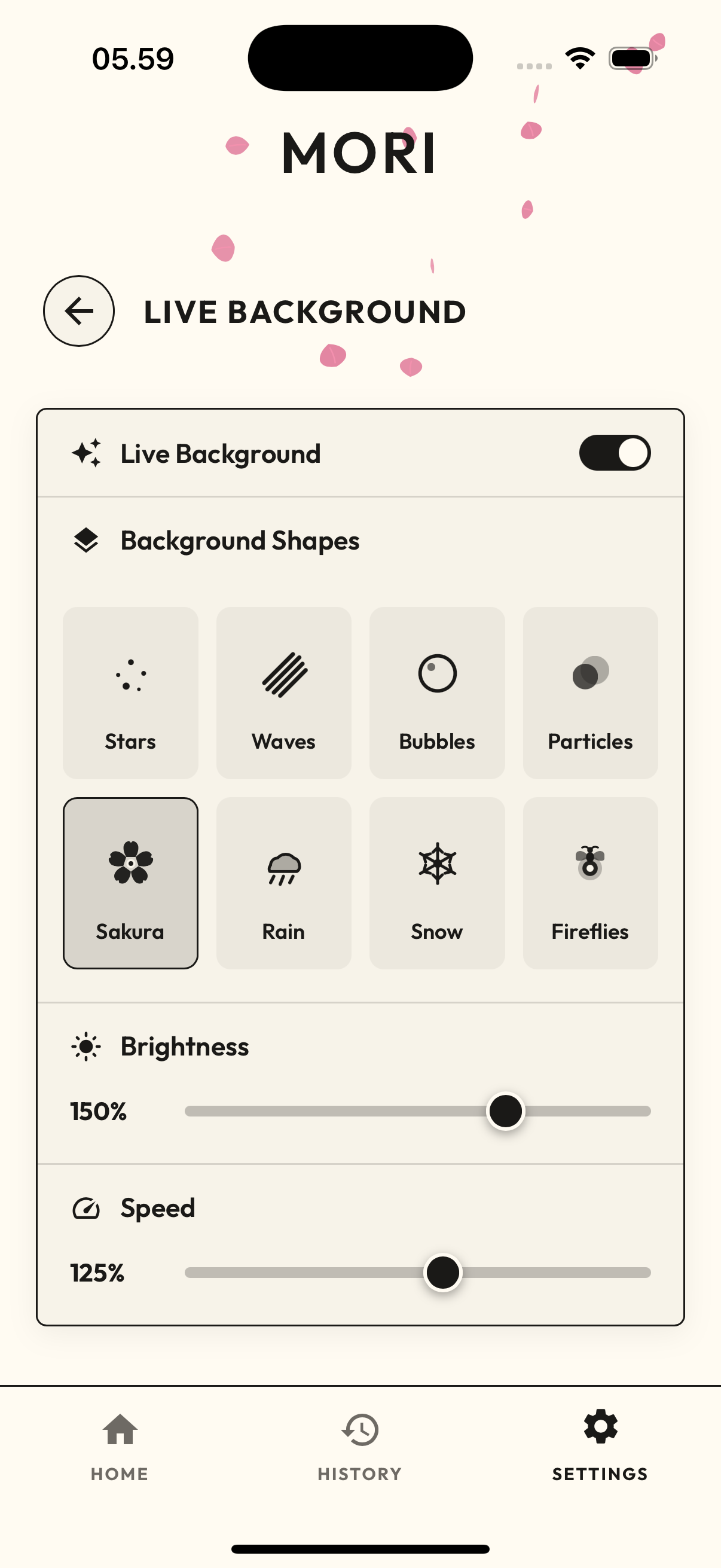Mori live background configuration with shapes, brightness, and speed